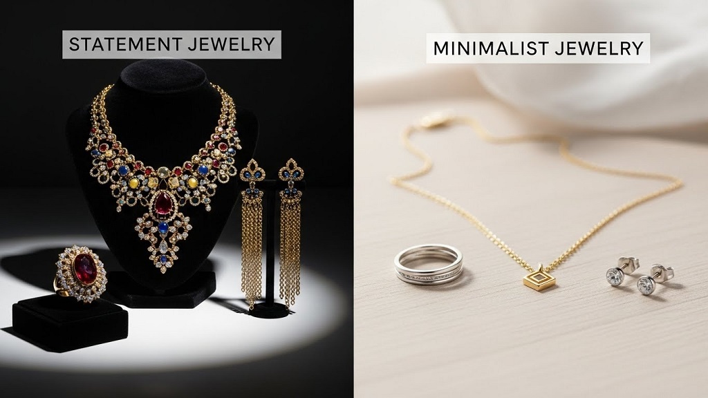 Jewelry styling flat lay showing statement earrings, minimalist rings, and delicate bracelets arranged by dress neckline types
