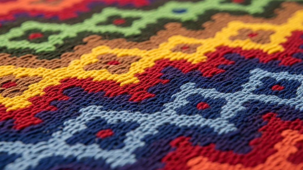 Close-up detail of handwoven Oaxacan wool textile showing intricate geometric patterns in vibrant natural colors