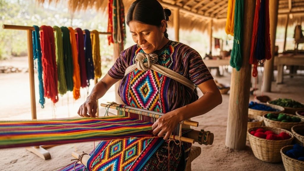 Traditional Mexican artisan weaving colorful geometric patterns on backstrap loom using natural dyed threads
