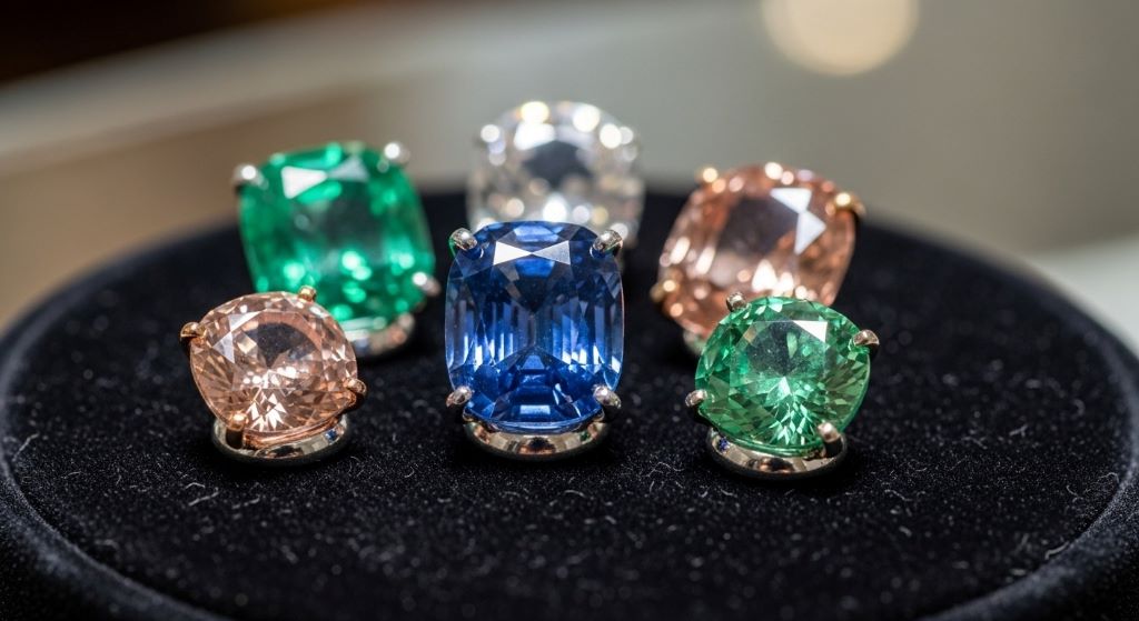 Collection of unique proposal stones including blue sapphire, green emerald, and peachy morganite displayed for engagement ring selection