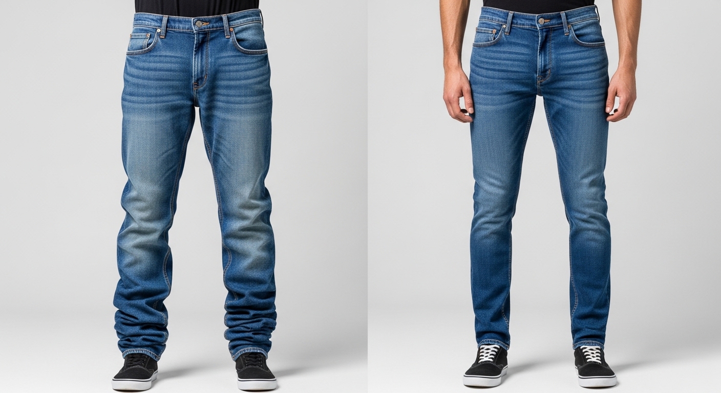 A side-by-side comparison of poorly fitted and well-fitted jeans showing the difference in silhouette and overall appearance