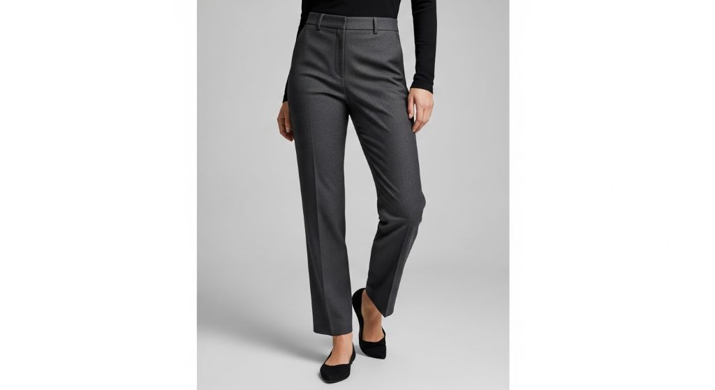 A person standing in well-fitted straight-leg trousers that sit at the natural waist and skim the hips cleanly