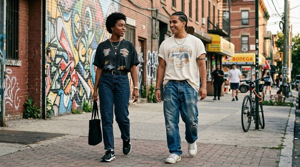 Brooklyn streetwear fan styling a baggy T shirt with fitted cargo pants on a city sidewalk