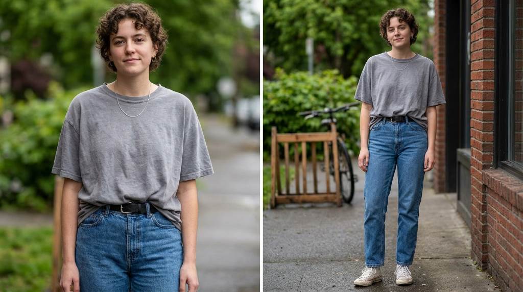Casual oversized tee fashion inspired by Portland Oregon streetwear and rainy weather styling