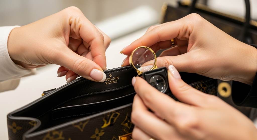 Luxury handbag buyer checking production code in Las Vegas boutique