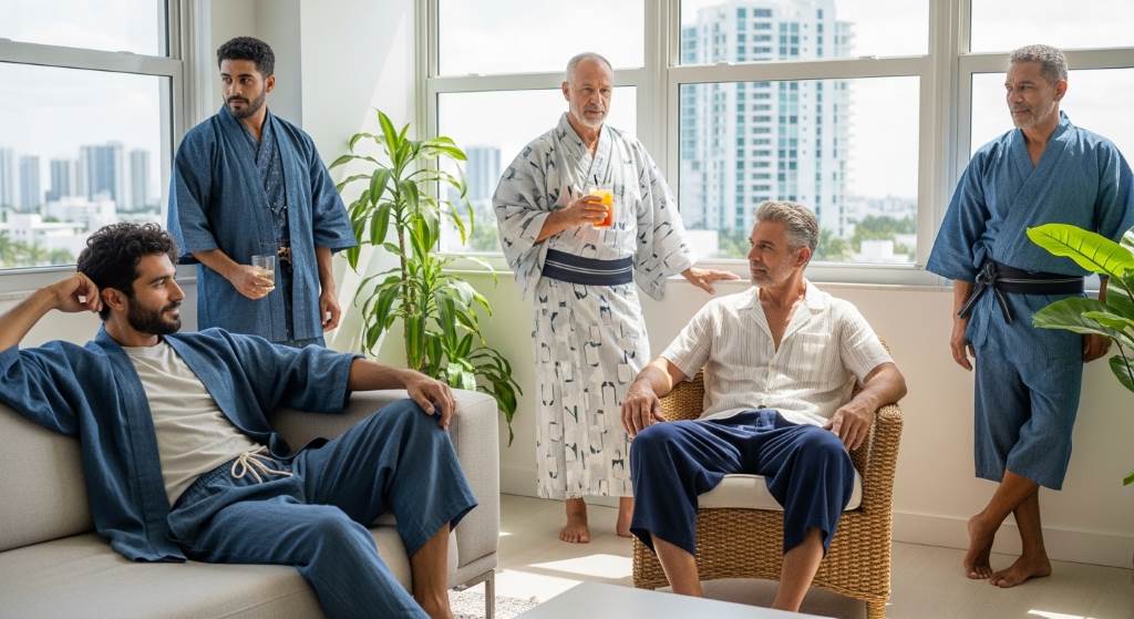 Miami man wearing lightweight Japanese lounge wear during summer