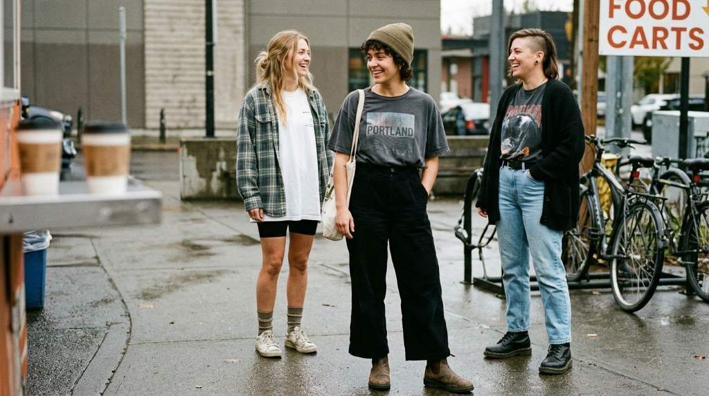 Person walking through Portland streets wearing a layered oversized tee outfit with cargo pants
