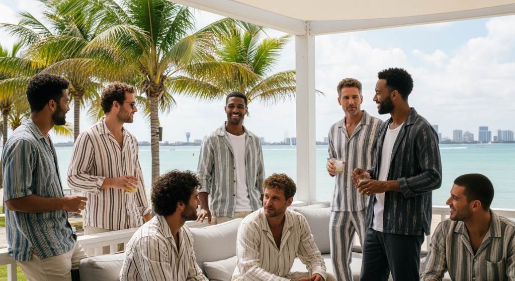 Relaxed Japanese summer clothing for men walking in Miami