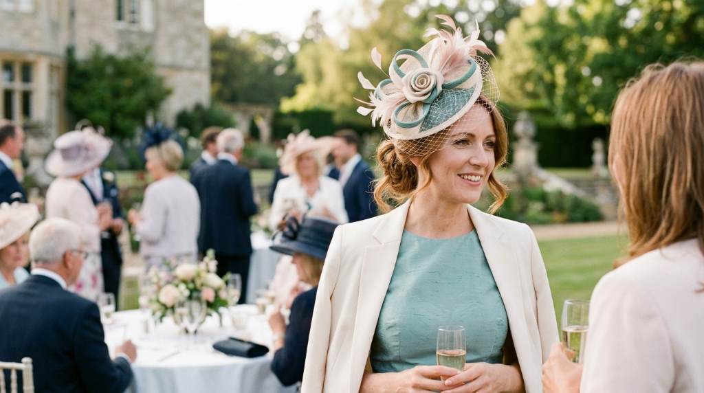 Summer wedding fascinator fashion for ladies attending an Atlanta outdoor ceremony
