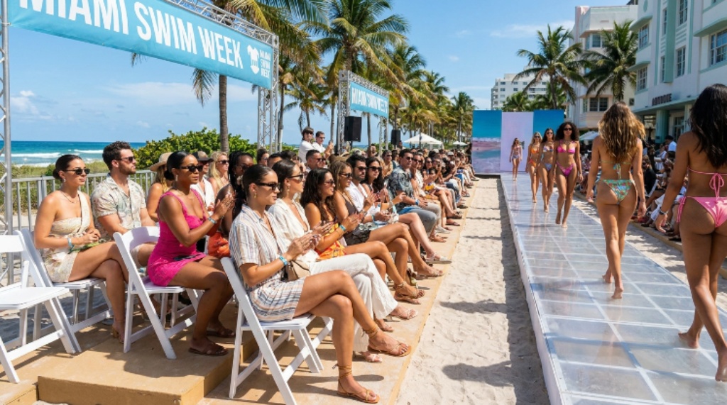 Fashion week attendees at an outdoor runway event in Miami Beach during swim season