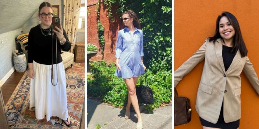 Woman wearing a comfortable and professional office outfit throughout the workday.