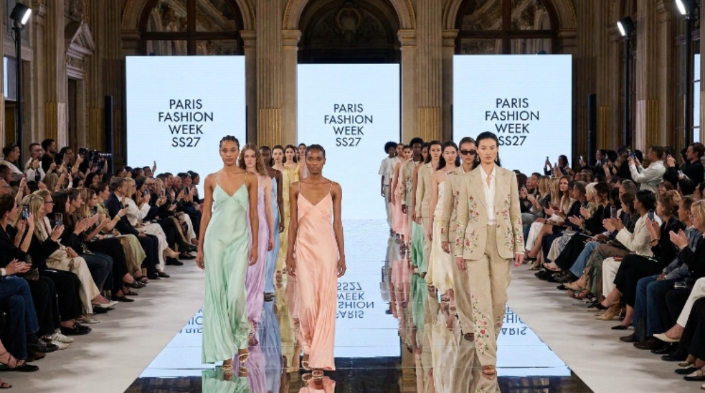 Models walking the runway at Paris Fashion Week SS27 in elegant spring womenswear