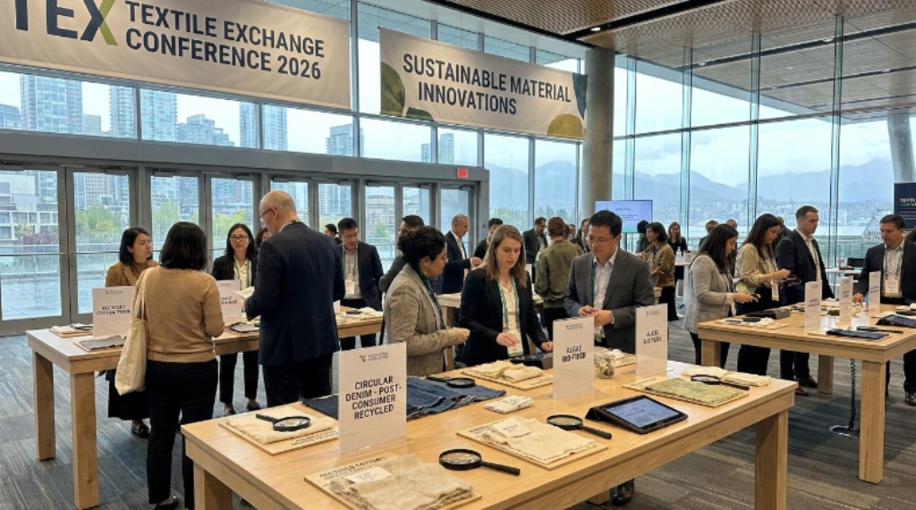 Conference attendees examining sustainable fiber and material innovations at the Textile Exchange Conference 2026 exhibit hall in Vancouver, with samples of recycled and organic textiles on display