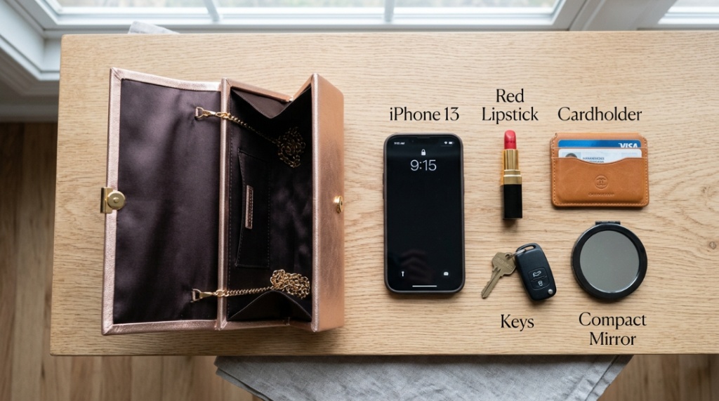 Smartphone and lipstick neatly organized next to a small black satin evening clutch.