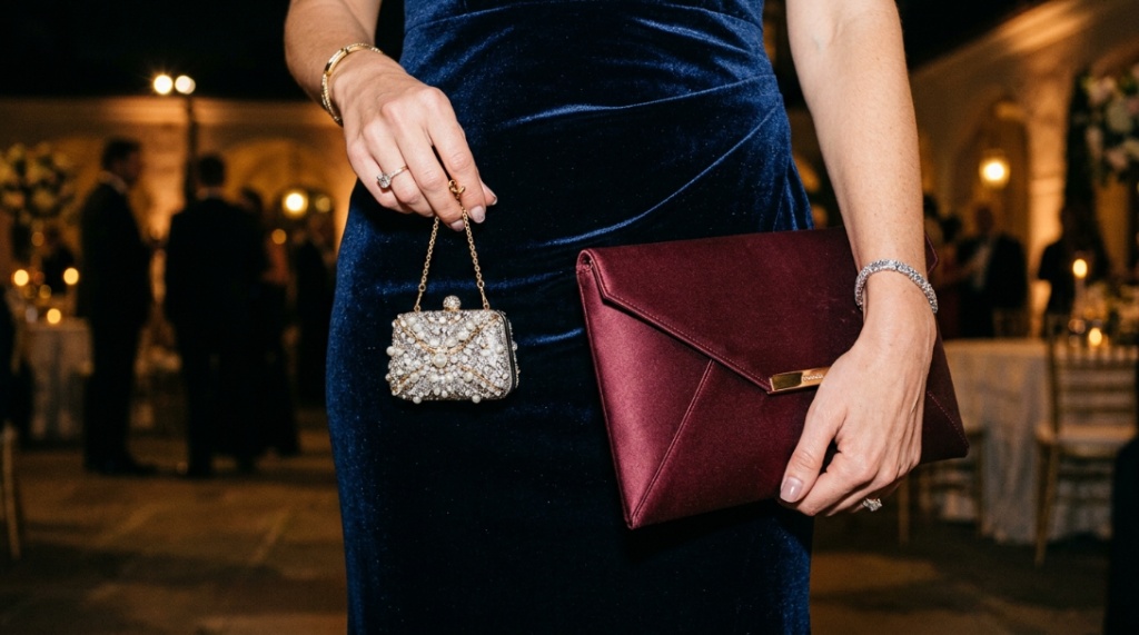 Close up of a woman holding a silver envelope clutch bag against a navy dress.