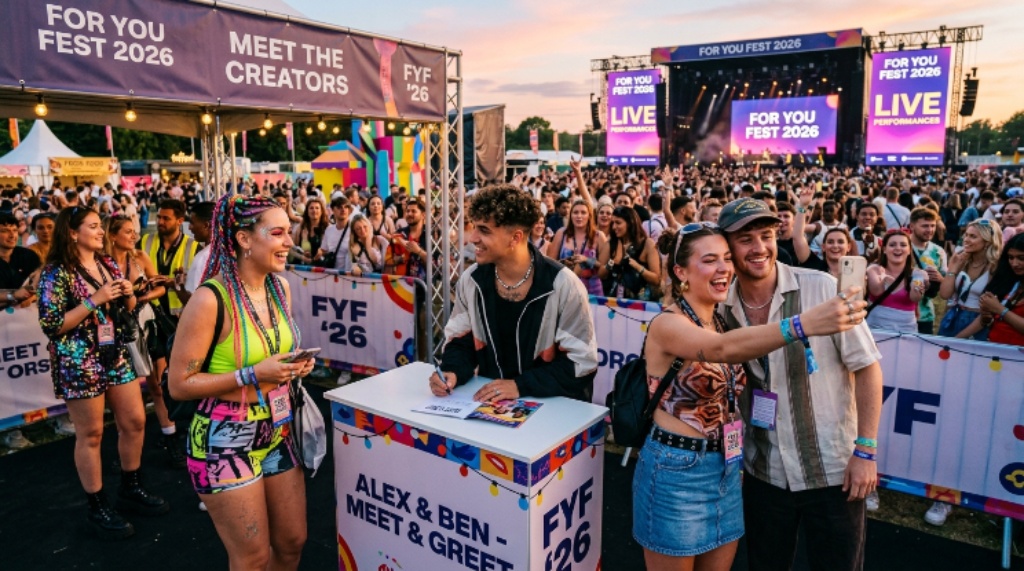 Festival-goers in stylish outfits at For You Fest 2026 during a creator meet-and-greet session
