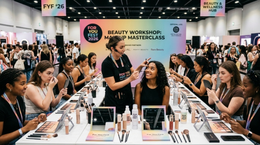 A beauty workshop in progress at For You Fest 2026 with participants learning makeup techniques