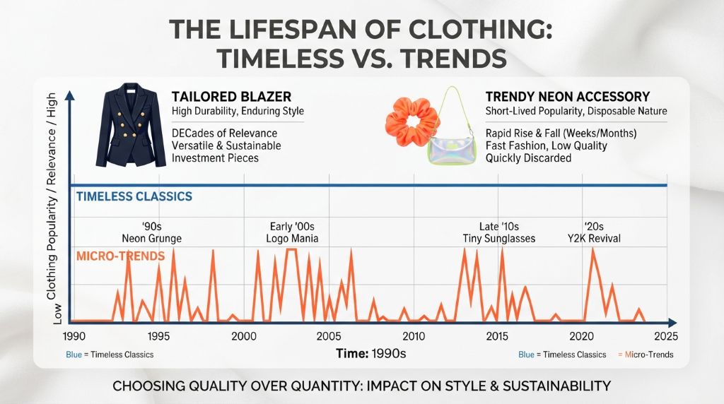 Classic outfits compared with short-lived fashion trends