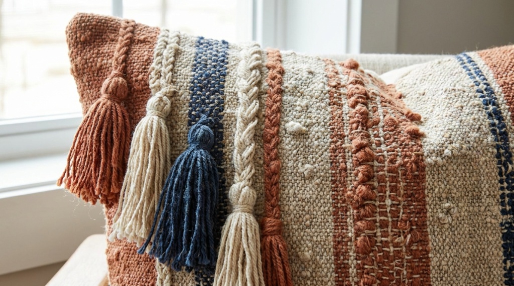 Close-up of textured fabric and hand-woven decorative fringe.
