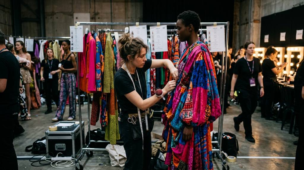 Emerging designer adjusting a colorful collection backstage before a show