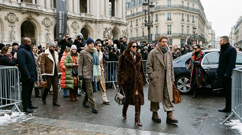 Guests in stylish winter outfits arriving at a fashion week event