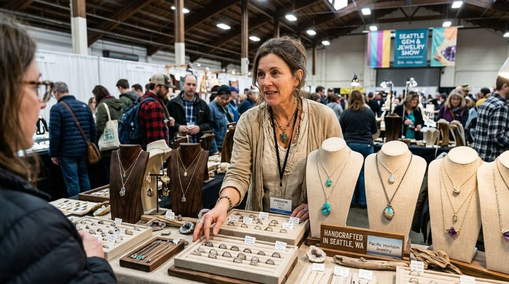 Artisan jeweler presenting handcrafted rings and necklaces at an indoor gem show in Seattle Washington