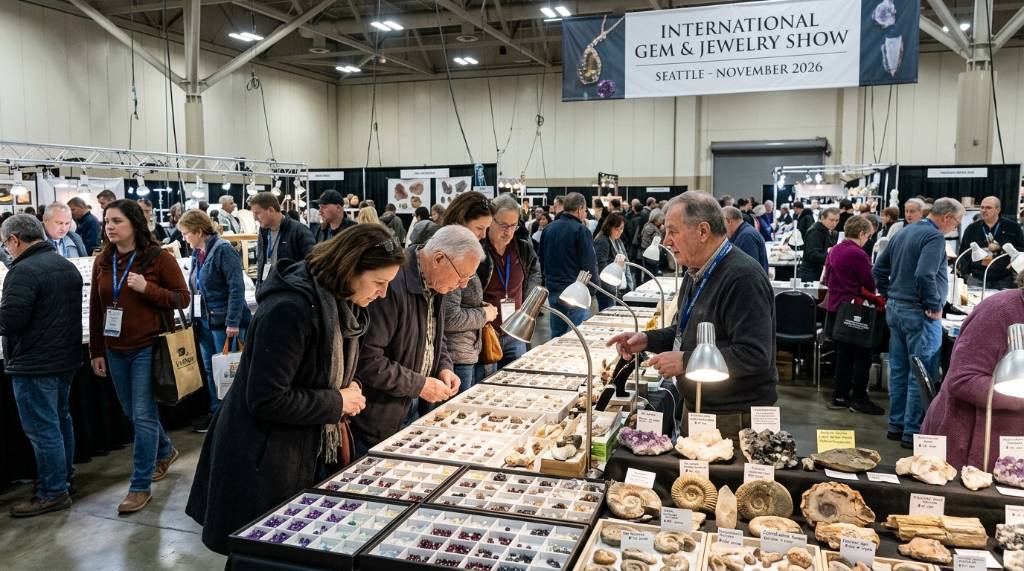 Visitors browsing loose gems and fossils at the International Gem and Jewelry Show Seattle November 2026