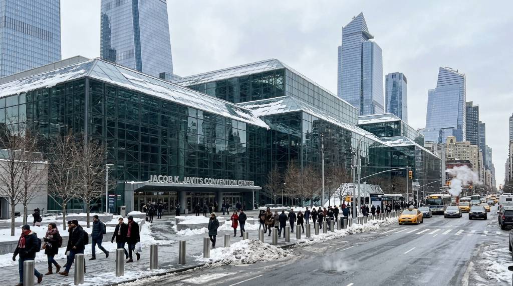Javits Center exterior in Manhattan on a winter day