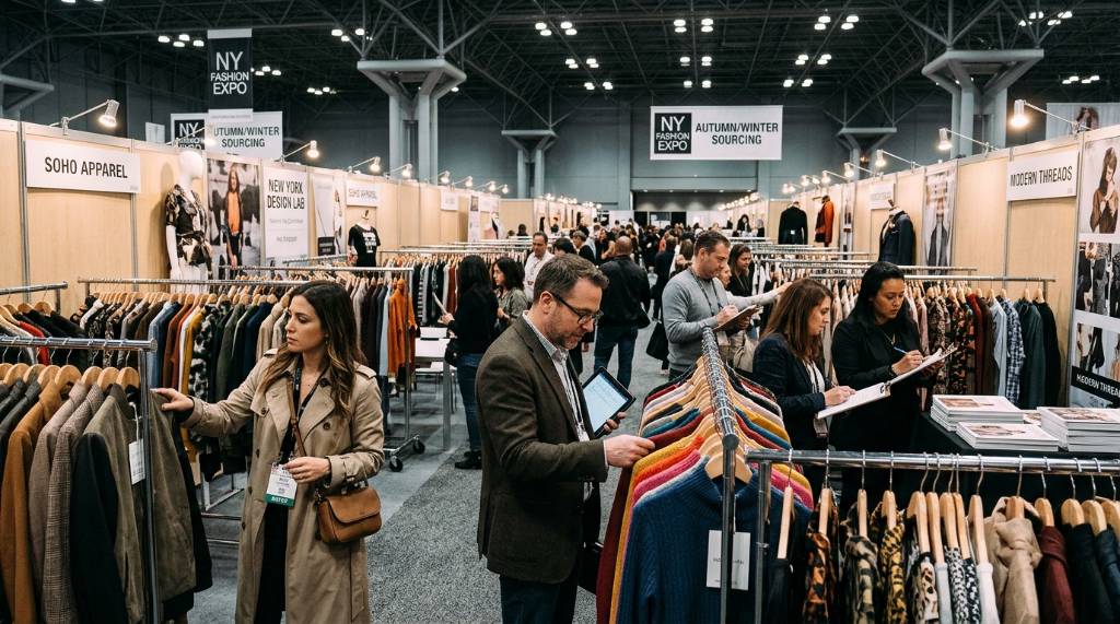 Buyers browsing apparel racks at a New York fashion trade show
