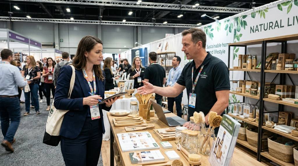 Retail buyer meeting a brand representative at a trade show booth